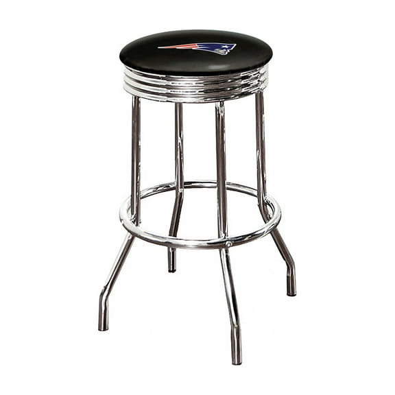 The Furniture King Bar Stool 29" Tall Backless Chrome Metal Stool Featuring Your Favorite Football Team Logo on a Colored Vinyl Swivel Seat Cushion Patriots on Black