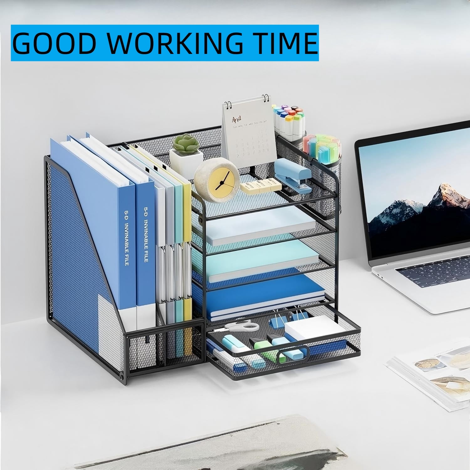 Behome Desk Organizer with File Holder, 5-Tier Desktop File Organizer with Drawer and 2 Pen Holders, Desk File Organizer for Office, Home or School, Black