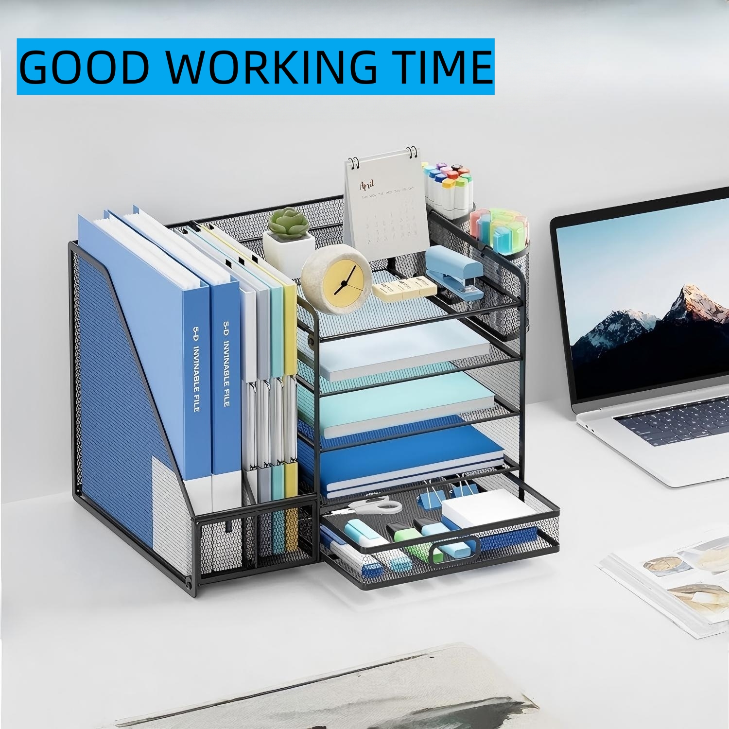 Organizador de escritorio Behome con portaarchivos, organizador de archivos de escritorio de 5 niveles con cajón y 2 portalápices, para oficina y hogar, negro 3
