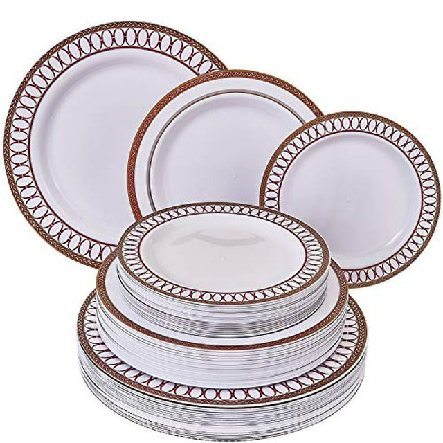 Disposable DINNERWARE Set | Heavy Duty Plastic Dishes | Elegant Fine China Look | Includes: 20 Dinner Plates, 20 Salad Plates and 20 Dessert Plates | Renaissance Collection - Red