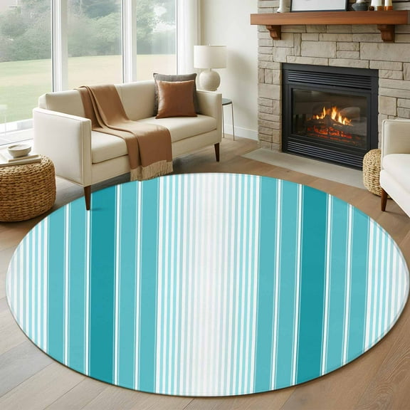 Turquoise Ombre Stripe Round Rug 5ft Washable Circle Kitchen Rugs Non Slip Farmhouse Simple Striped Large Area Rug Indoor Floor Carpet for Bedroom Living Room Home Office Dining Room Nursery
