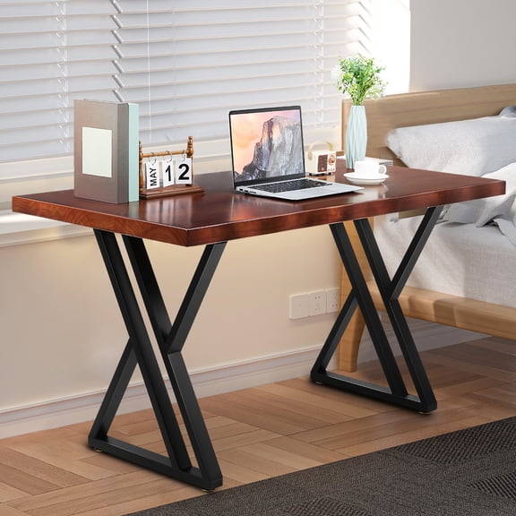 FOMIYES 55 Inch Solid Wood Computer Desk Farmhouse Study Writing Table Brown Workstation for Home Bedroom Office Studio Decor
