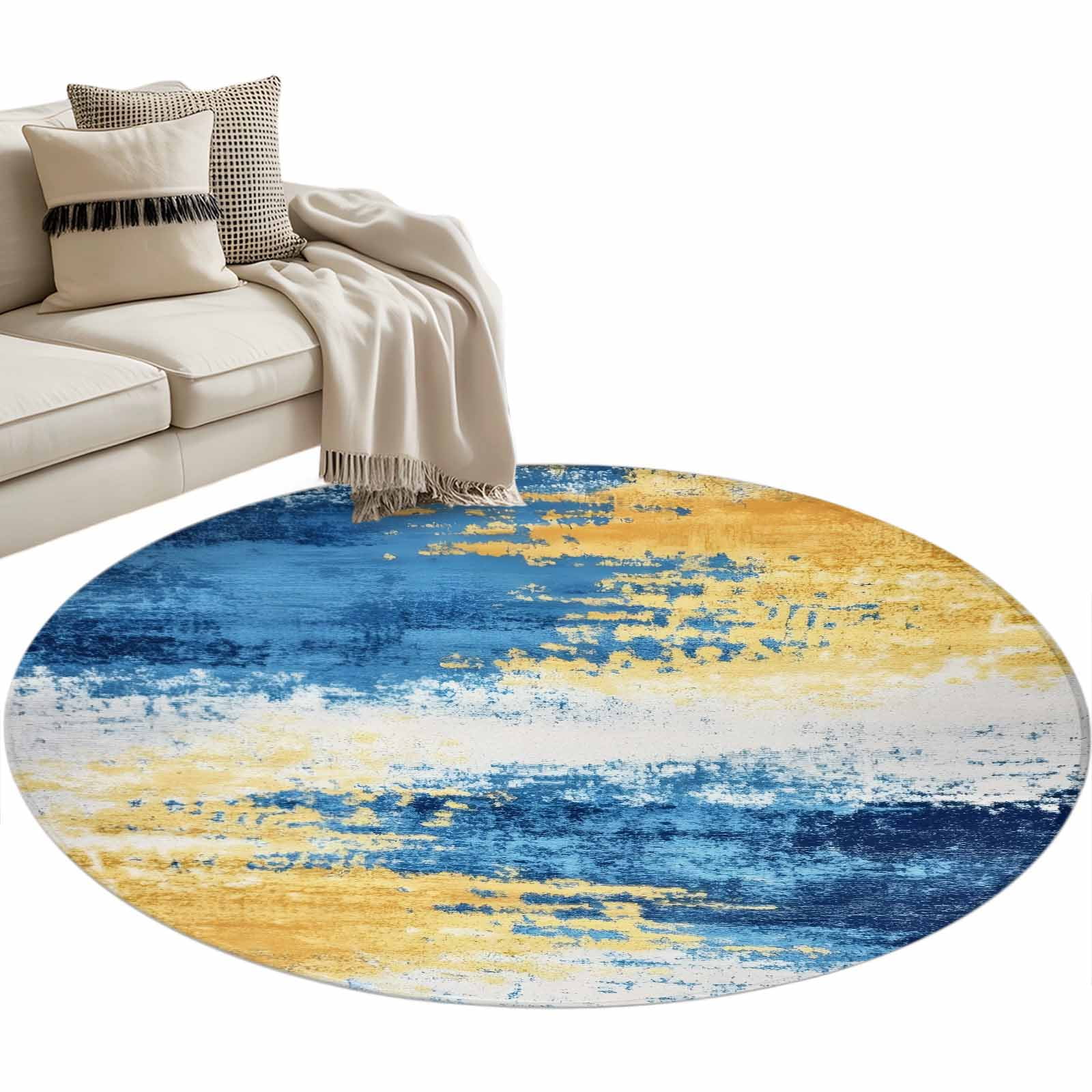 Round Rug 4ft Area Rug Yellow Blue Gradient Watercolor Area Rugs for Living Room Bedroom Abstract Color Block Floor Mat Non-Slip Non-Shedding Carpet Indoor Accent Rugs