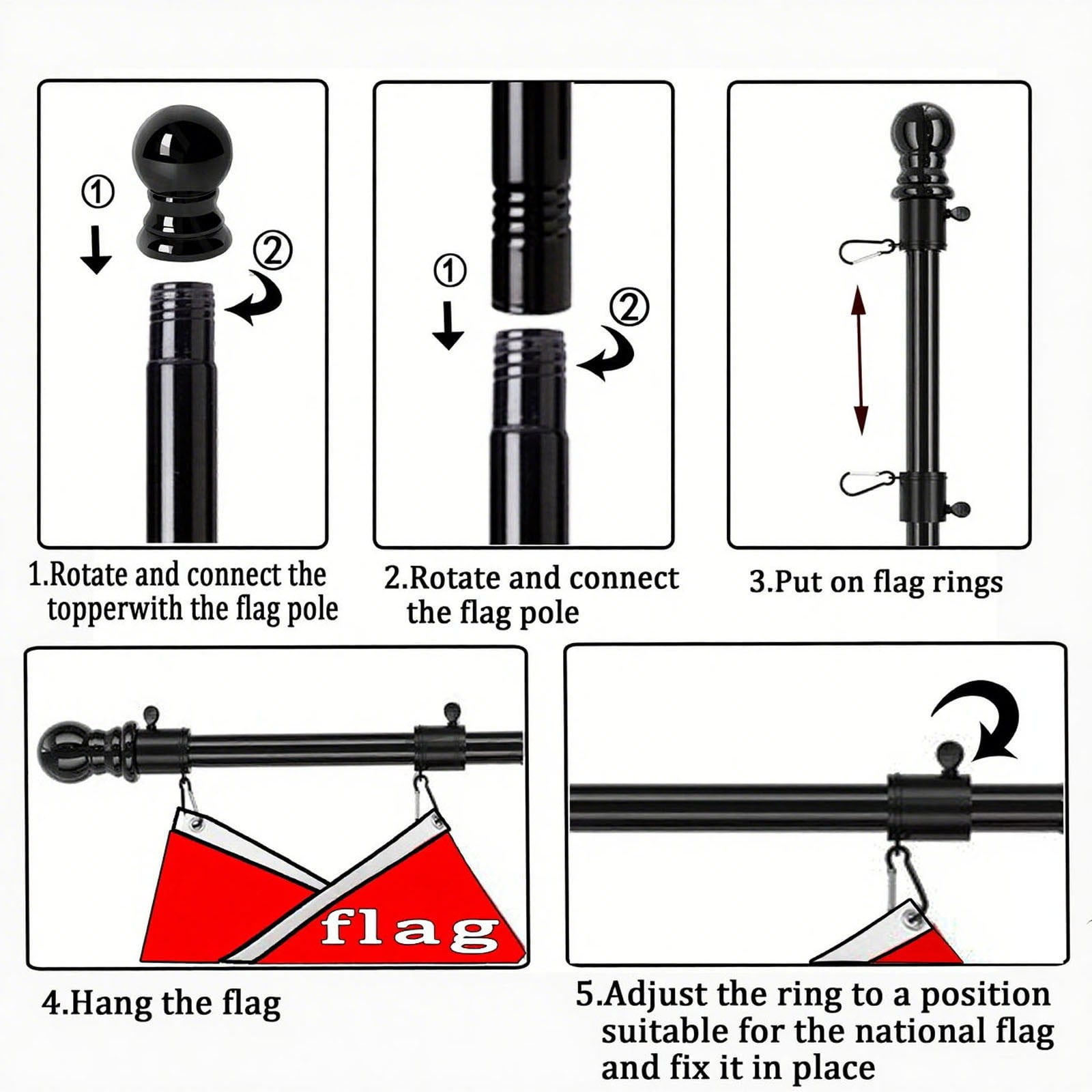 Flag Poles for Outside House 6FT Stainless Steel Metal Black Flag Pole kit Tangle Free Residential Heavy Duty for Truck,House,Porch,Yard,Boat Suitable for 3x5 Heavy Garden Flag