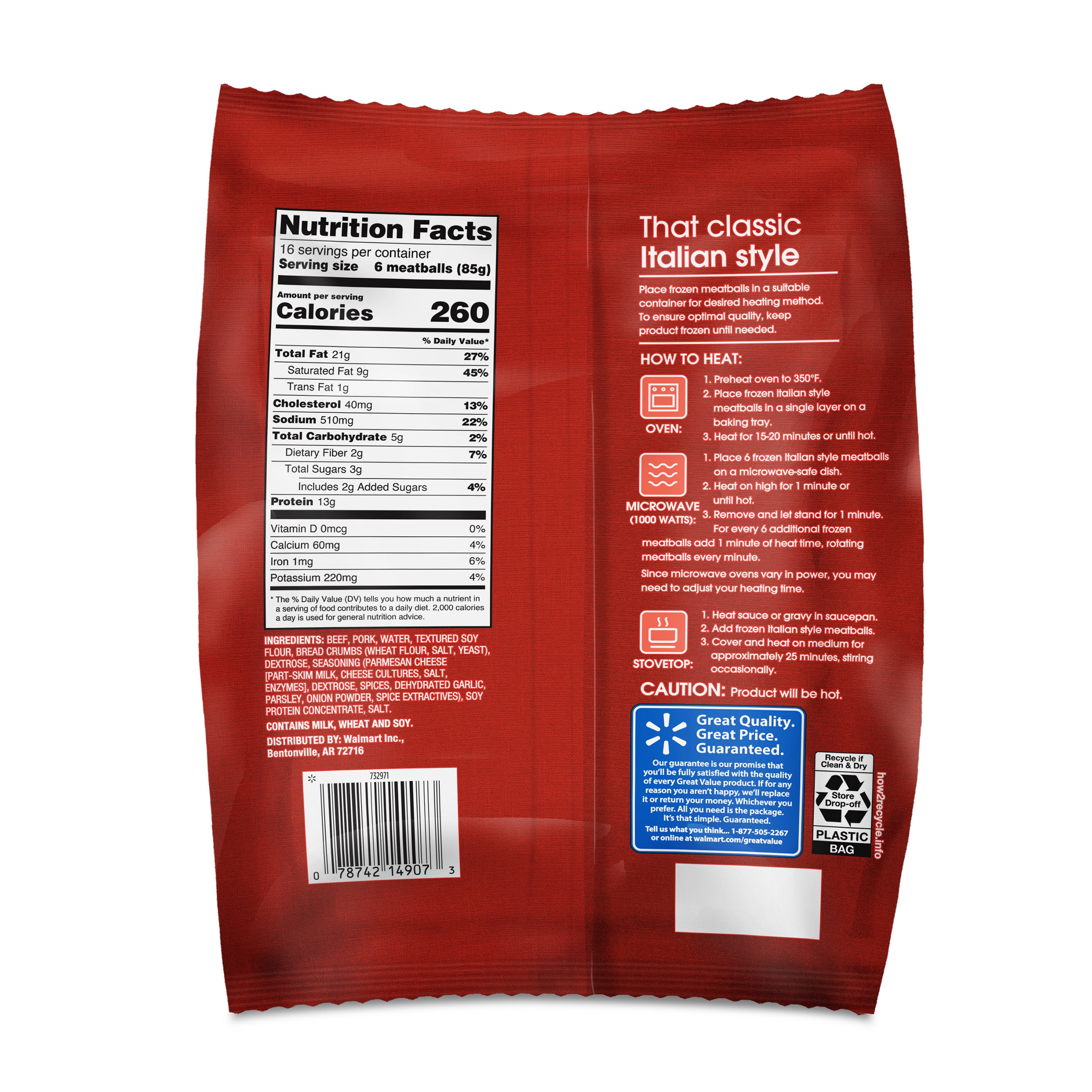 Great Value Fully Cooked Italian Style Meatballs, Family Size, 48 oz