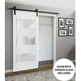 thumbnail image 3 of Sturdy Barn Door 28 x 80 inches Frosted Glass 3 Lites | Lucia 4070 White Silk | 6.6FT Rail Hangers Heavy Hardware Set | Solid Panel Interior Doors, 3 of 6