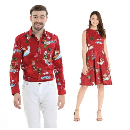 Couple Matching Hawaiian Luau Cruise Outfit Shirt Vintage Dress Christmas Santa in Hawaii Red Men XL Women L