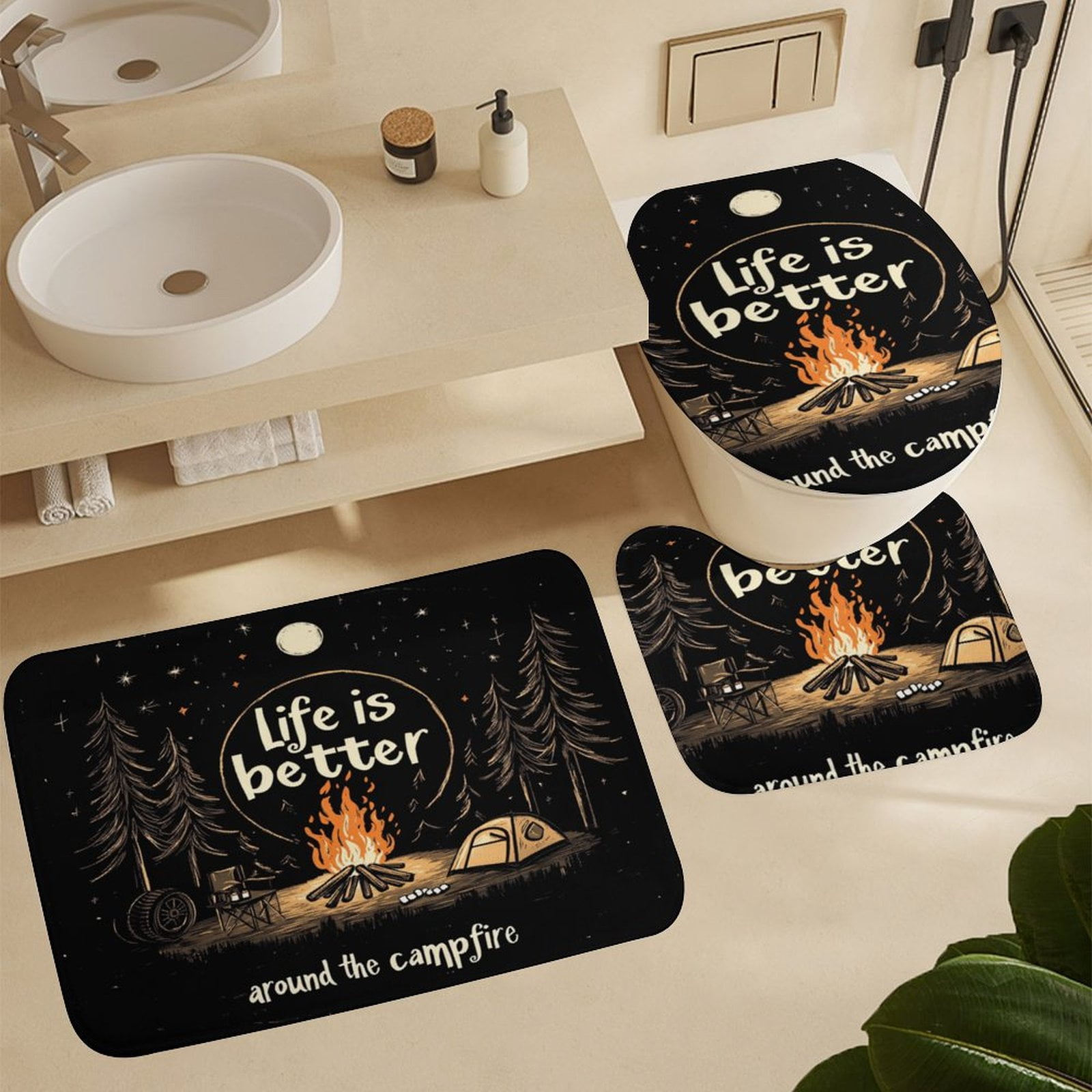 4 Piece Bathroom Shower Curtain Sets with Rugs Include Waterproof Shower Curtain Non-Slip Rug Toilet Lid Cover Bath Mat Life Is Better Around The Campfire Durable and Waterproof Forest Wildlife