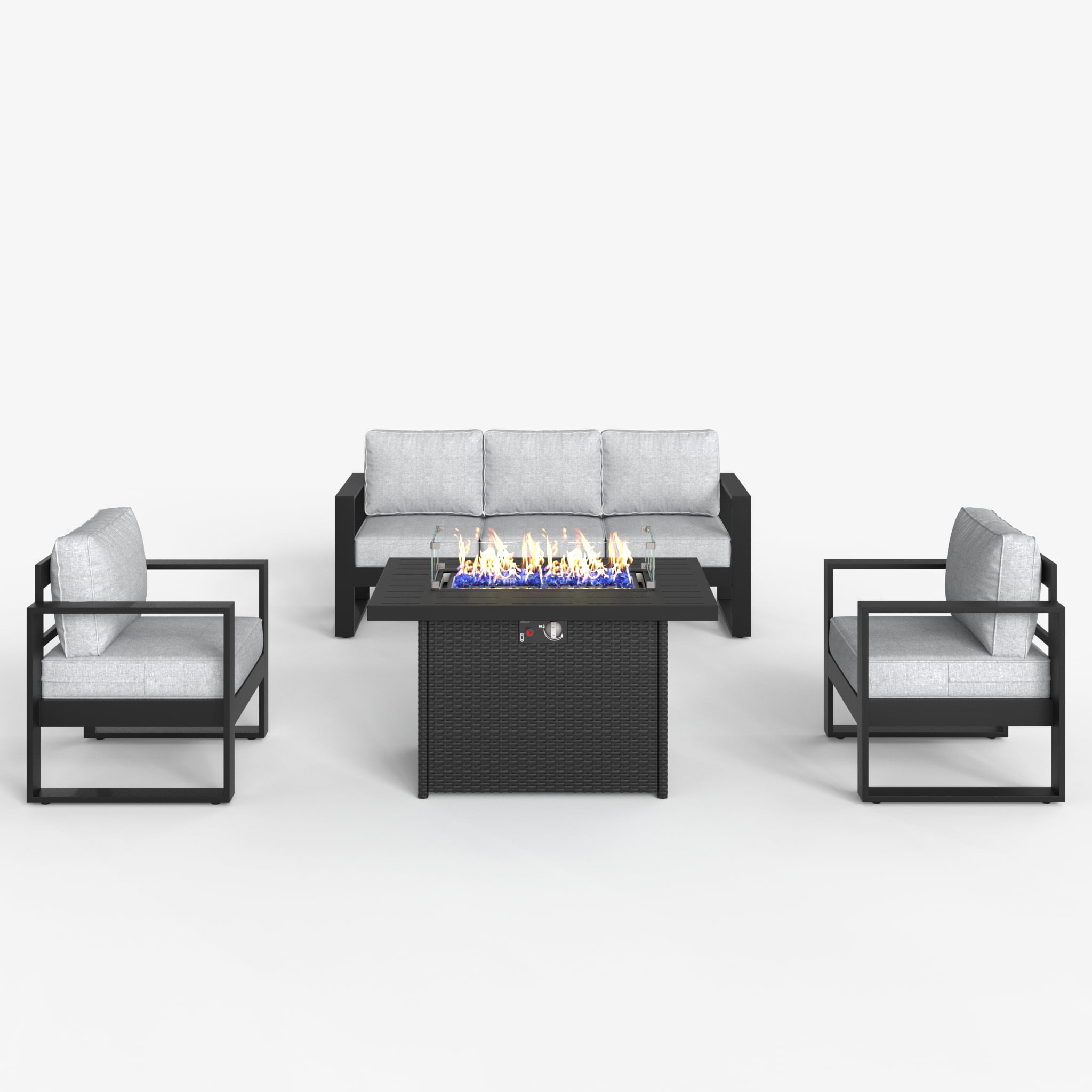 LayinSun 4 Piece Hight Back Aluminum Outdoor Furniture Set with Fire Pit Table, Modern Patio Conversation Sets