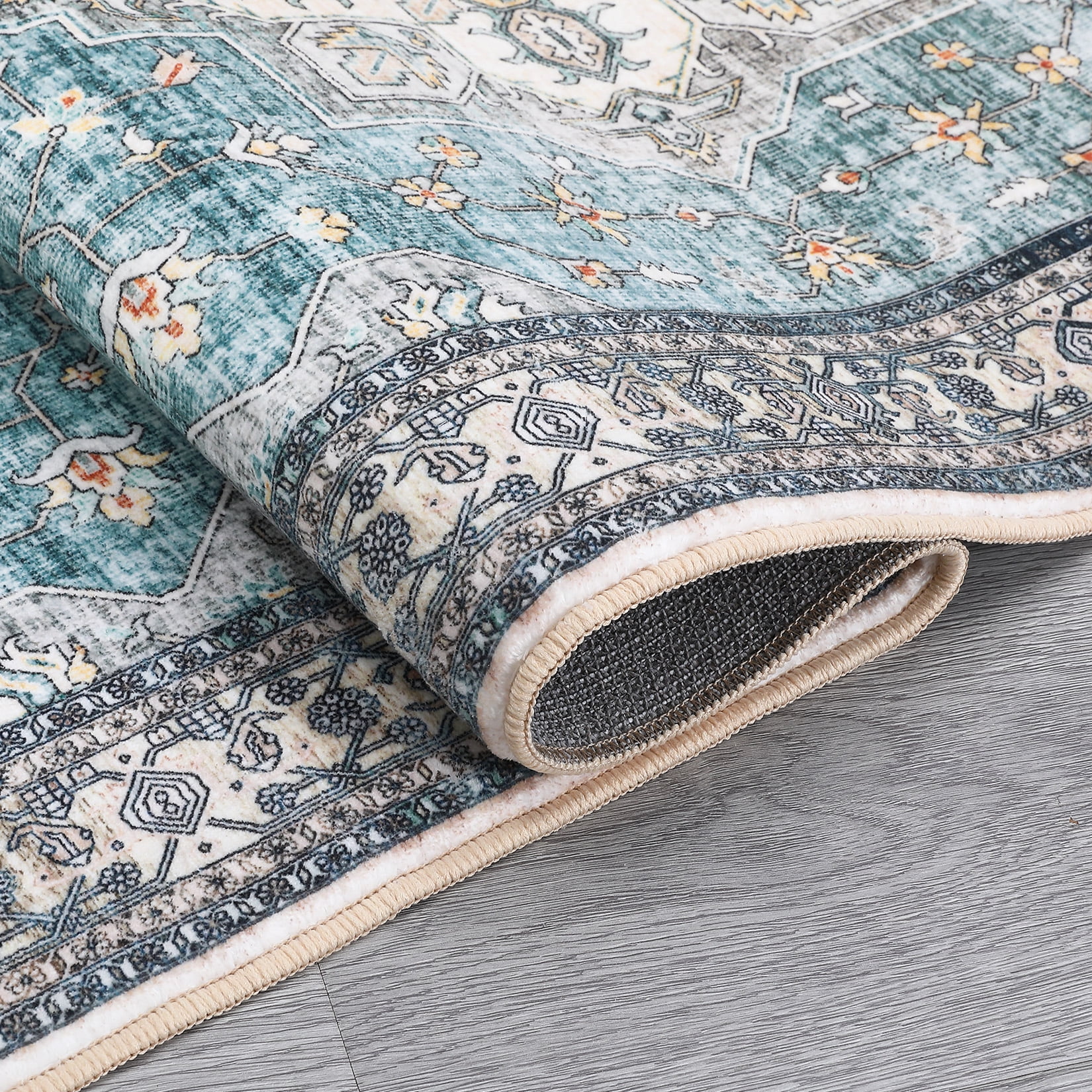 HOMERRY Washable Area Rug 9' x 12' Rug for Living Room Floral Pattern Carpet, Teal