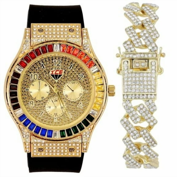 Charles Raymond Iced Out Mens Color on Blast Watch Single or Combo Sets with Blinged Out Bracelets Set. Iced Out Colourful Rainbow Flame Collection (ST10380-ZZ GLD)