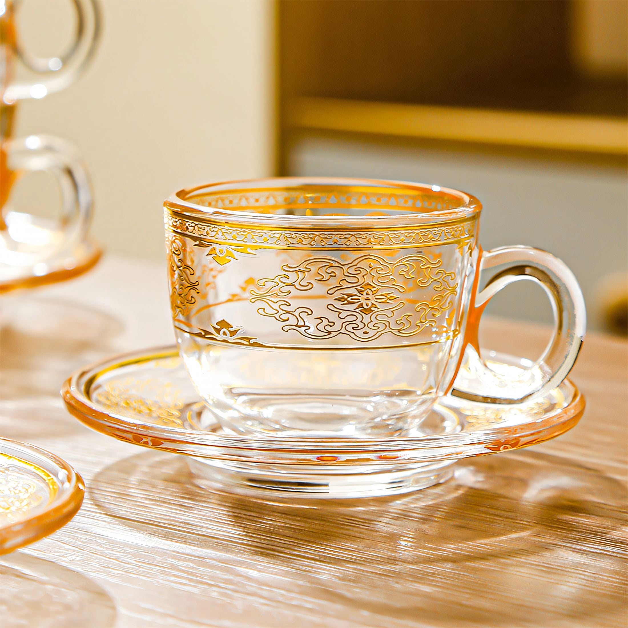 ACDANC Coffee Mug Set,3.38 Fl Oz Nordic Style Glass Tea Cups and Saucers,Gilded Accents Espresso Cup