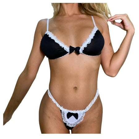 

Small Lingerie for Women New Women Lace Lingerie V-Neck Bra Bowknot Thong Underwear Pajamas Suit Set Womens Black Lingerie Lingerie with Cups