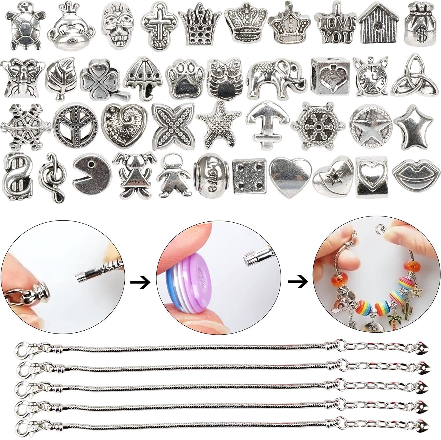 130 Pieces Charm Bracelet Making Kit Including Jewelry Beads Snake Chain, DIY Craft for Girls, Jewelry Christmas Gift Set for Arts and Crafts for Kids Ages 8-12