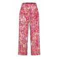 thumbnail image 3 of Linen Cropped Pants for Women Casual Wide Leg Plaid Capris with Pockets Elastic Waist Lounge Trousers Hot Pink, L, 3 of 5