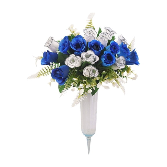 SLYNSHome Cemetery Flowers, 18-Head Blue White Rose Bouquet With Vase, Artificial Memorial Flower Arrangement For Grave Decor