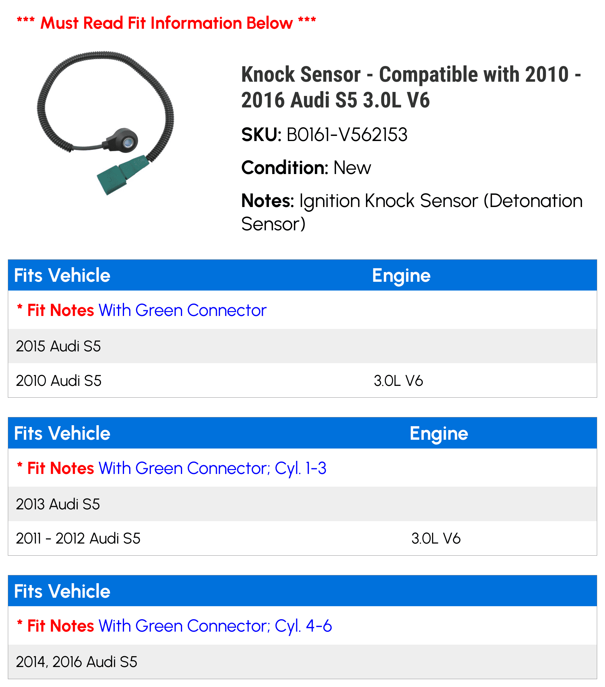 Knock Sensor - Compatible with 2010 - 2016 Audi S5 3.0L V6 2011 2012 2013 2014 2015
