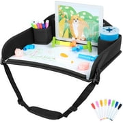 Kids Travel Tray for Toddler Car Seat, Travel Activity Tray for Airplane, Car Seat Lap Drawing Tray, Multifunctional Car Seat Tray Table with Storage for Kids Travel Play, Black