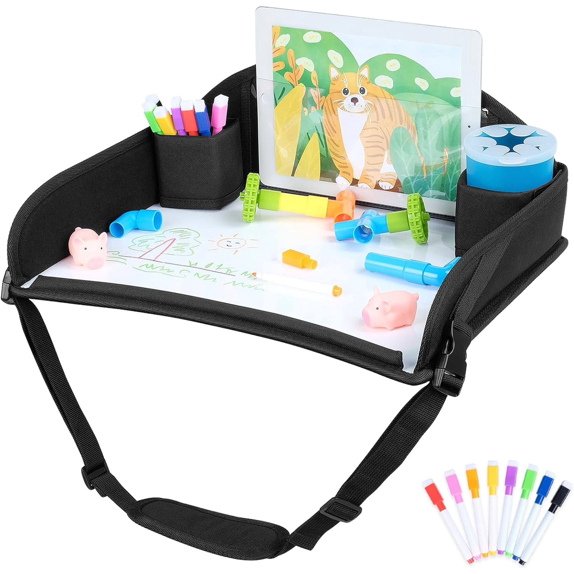 Kids Travel Tray for Toddler Car Seat, Travel Activity Tray for Airplane, Car Seat Lap Drawing Tray, Multifunctional Car Seat Tray Table with Storage for Kids Travel Play, Black