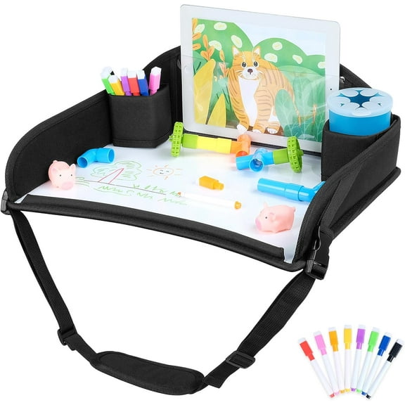 Kids Travel Tray for Toddler Car Seat, Travel Activity Tray for Airplane, Car Seat Lap Drawing Tray, Multifunctional Car Seat Tray Table with Storage for Kids Travel Play, Black