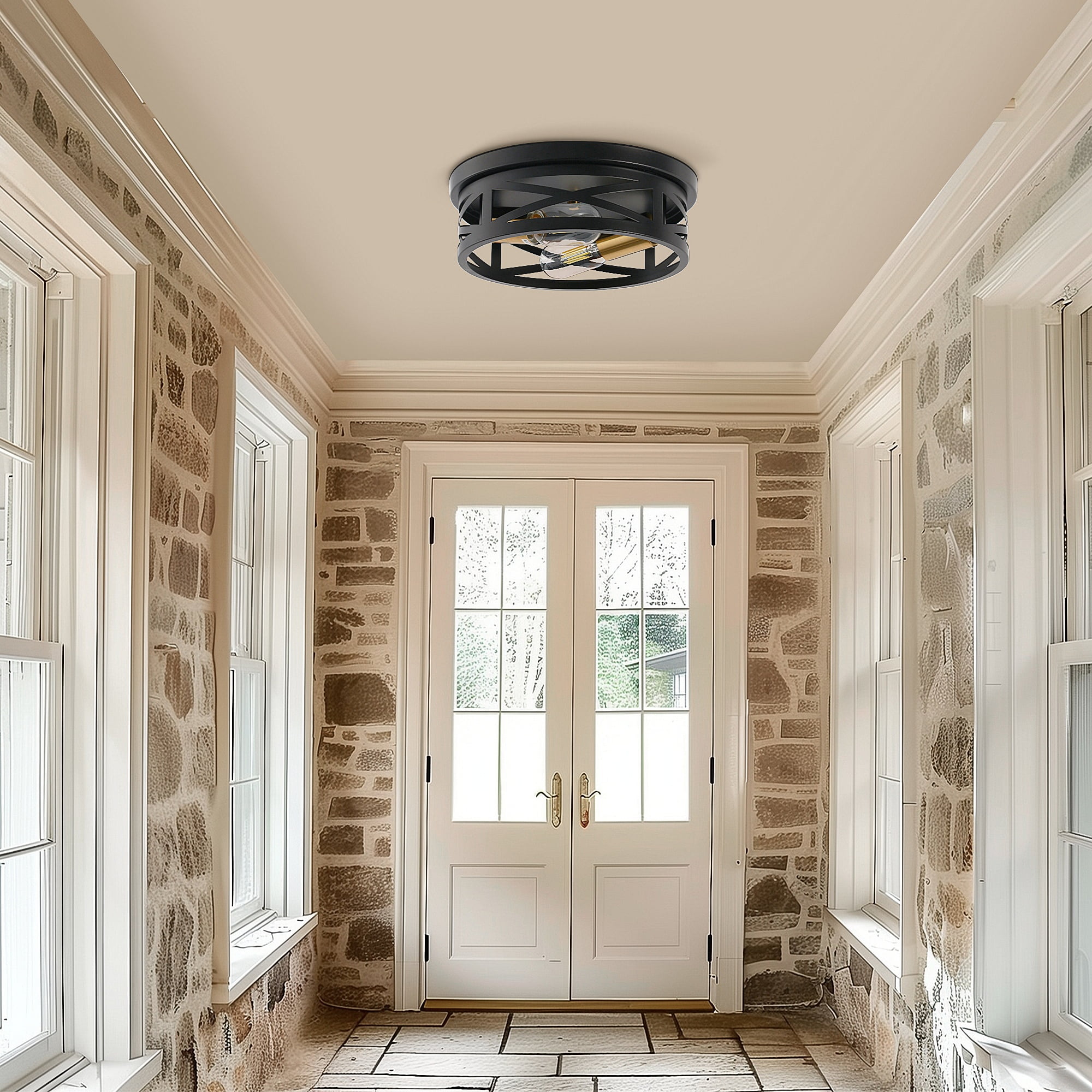 YANSUN 2 Pack Close to Ceiling Light Fixtures, 2-Lights Flush Mount Ceiling Light, 10 Inch Indoor Metal Cage Semi Flush Mount Ceiling Light for House Bedroom Laundry Hallway Kitchen