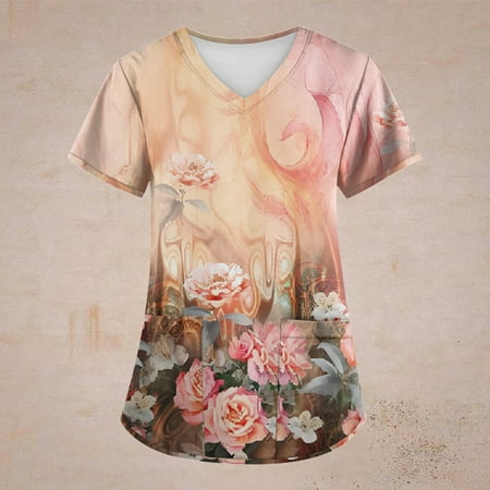 

Hanas Tops Plus Size Retro Flower Printed Scrub Working Uniform Tops For Women Cross V-Neck Short Sleeve Fun T-Shirts Workwear Tee With Pockets Beige/XXL