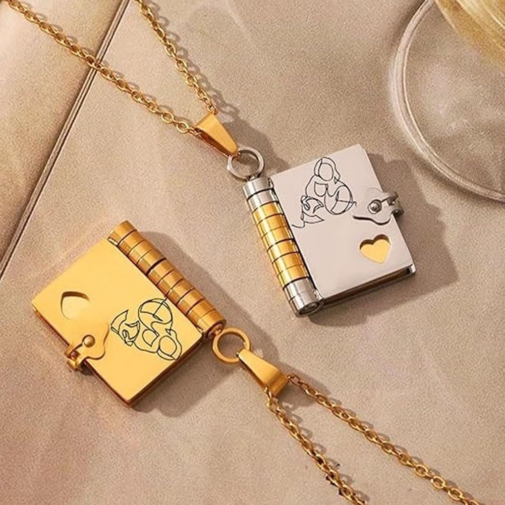 "For My Granddaughter" Engraved Book Necklace - Openable Silver/Gold Pendant With 6 Pages For Personalization