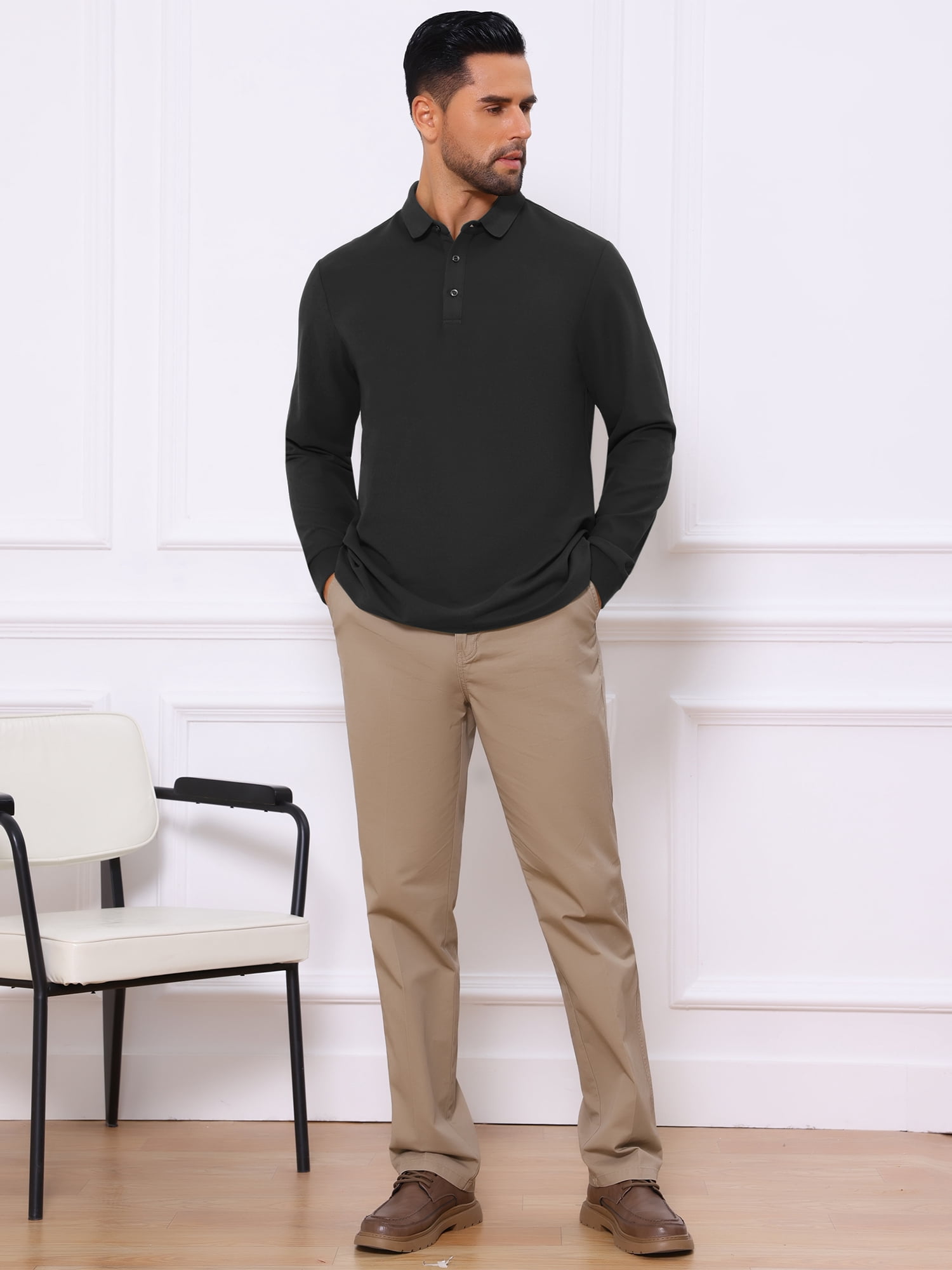 DARING DIVA Men's Classic Solid Color Long Sleeves Basic Golf Polo T-Shirts M Black