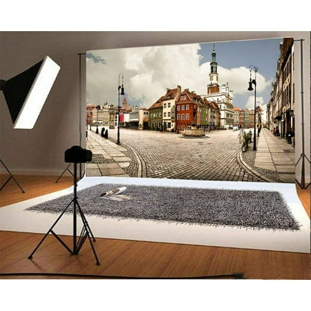 Image of ABPHOTO 7x5ft Photography Backdrop Old Town in Poznan Poland Street Elegant Archiculture Road Lamps Brick Floor Blue Sky White Cloud Spring Travel Photo Background Backdrops