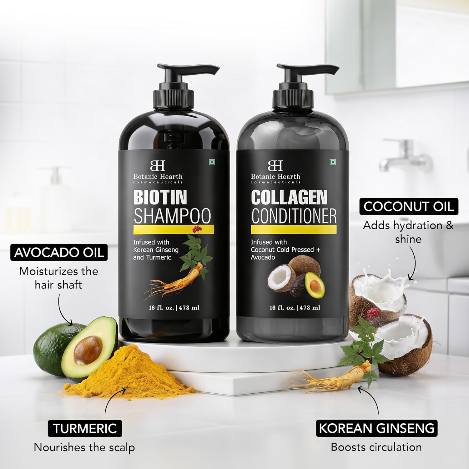 Botanic Hearth Biotin Shampoo & Collagen Conditioner Set | With Korean Ginseng, Turmeric, Coconut & Avocado Oils | Sulfate & Paraben Free Hair Care | For Men & Women | 16 fl oz Each