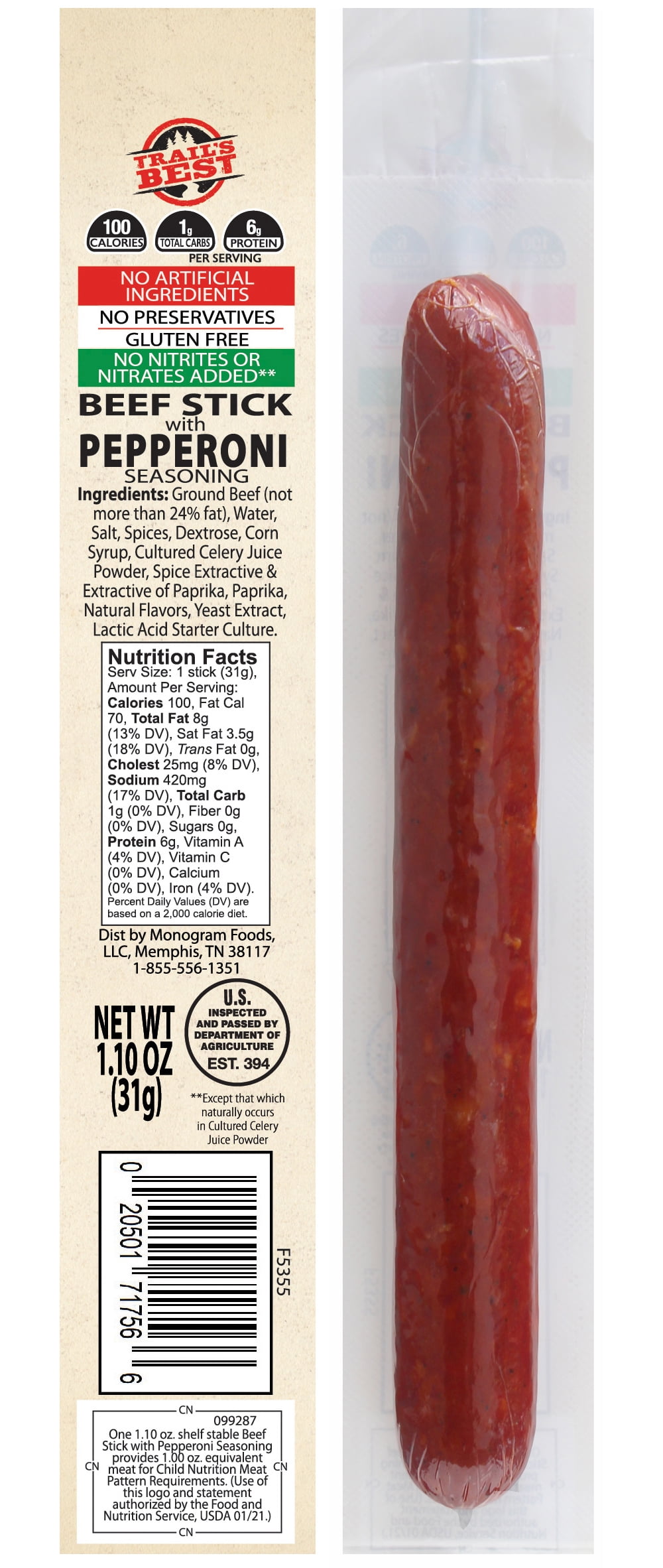Trail's Best 1.1oz Beef Pepperoni Sticks 16-ct Tubs - 2 Tubs