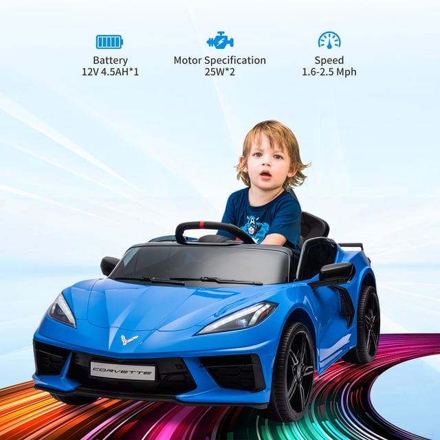 AKDSteel 12v Kids Ride On Car, Licensed Corvette Battery Powered Electric Sports Car Toy For Toddlers, Features Remote Control, Visual Dashboard, Led Lights, And Music