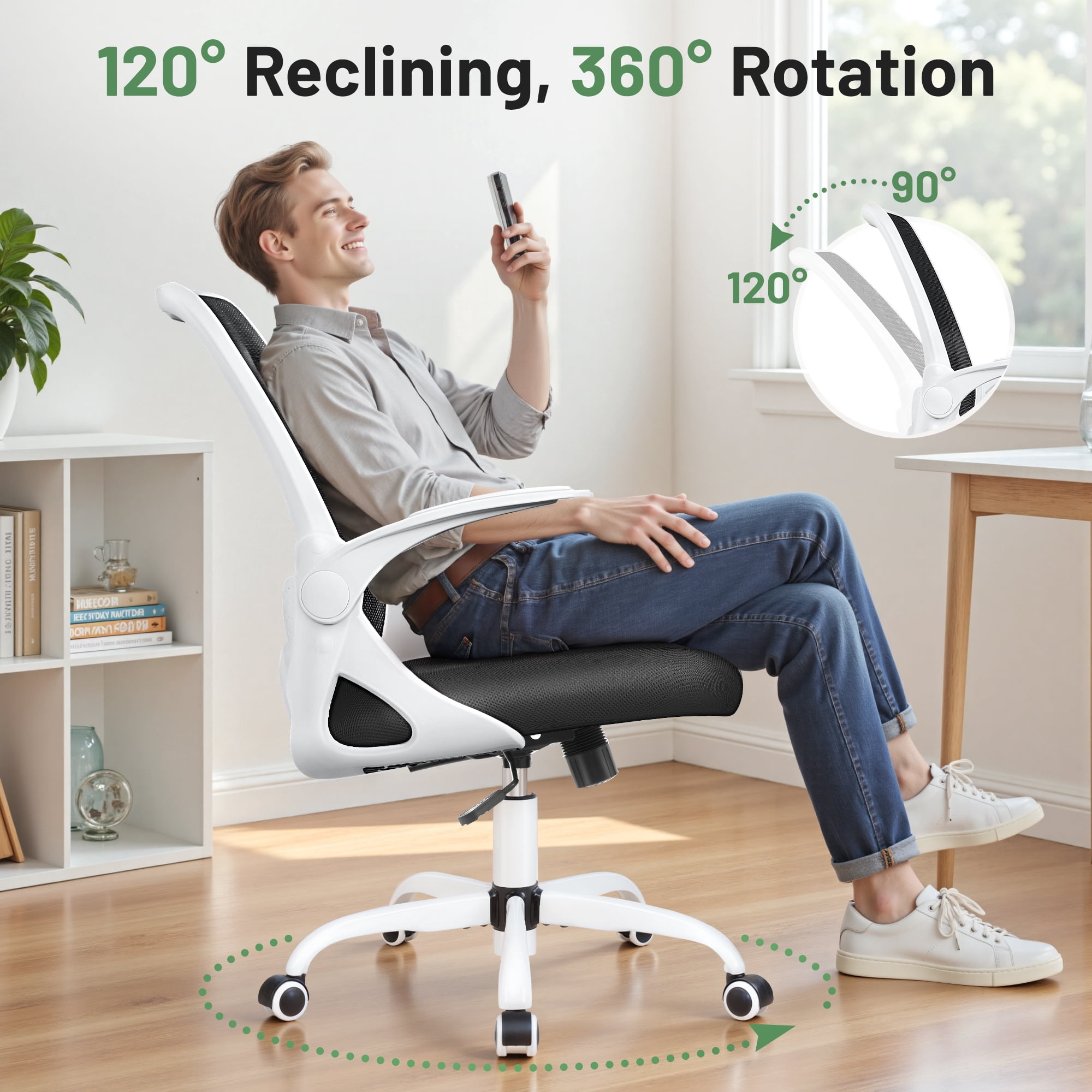 ATHOPE Office Chair, Ergonomic Desk Chair with Lumbar Support Adjustable Height Swivel Wheels Flip-up Arms Mesh Computer Gaming Chair for Home Office, White