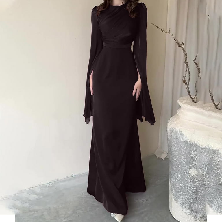 Flowy Mini Dress Women's Haute Couture Slim Long Sleeved Pleated Tie  Irregular Long Dress Elegant Women's Evening Dress S-301 Brown L -  Walmart.com