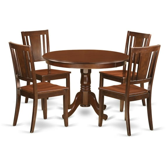 East West Furniture 5  Pc  set  with  a  Round  Kitchen  Table  and  4  Wood  Dinette  Chairs  in  Mahogany
