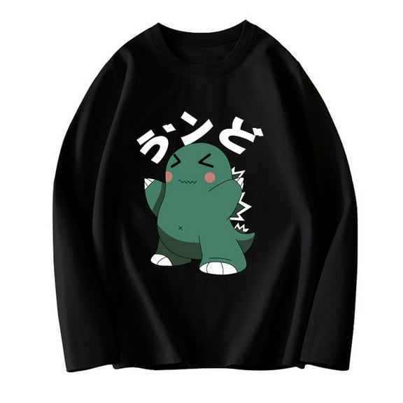Eltusu Boys Long Sleeve Tops, Cotton Crew Neck Comfy Pullover Graphic Tees Black Size 7-8 T