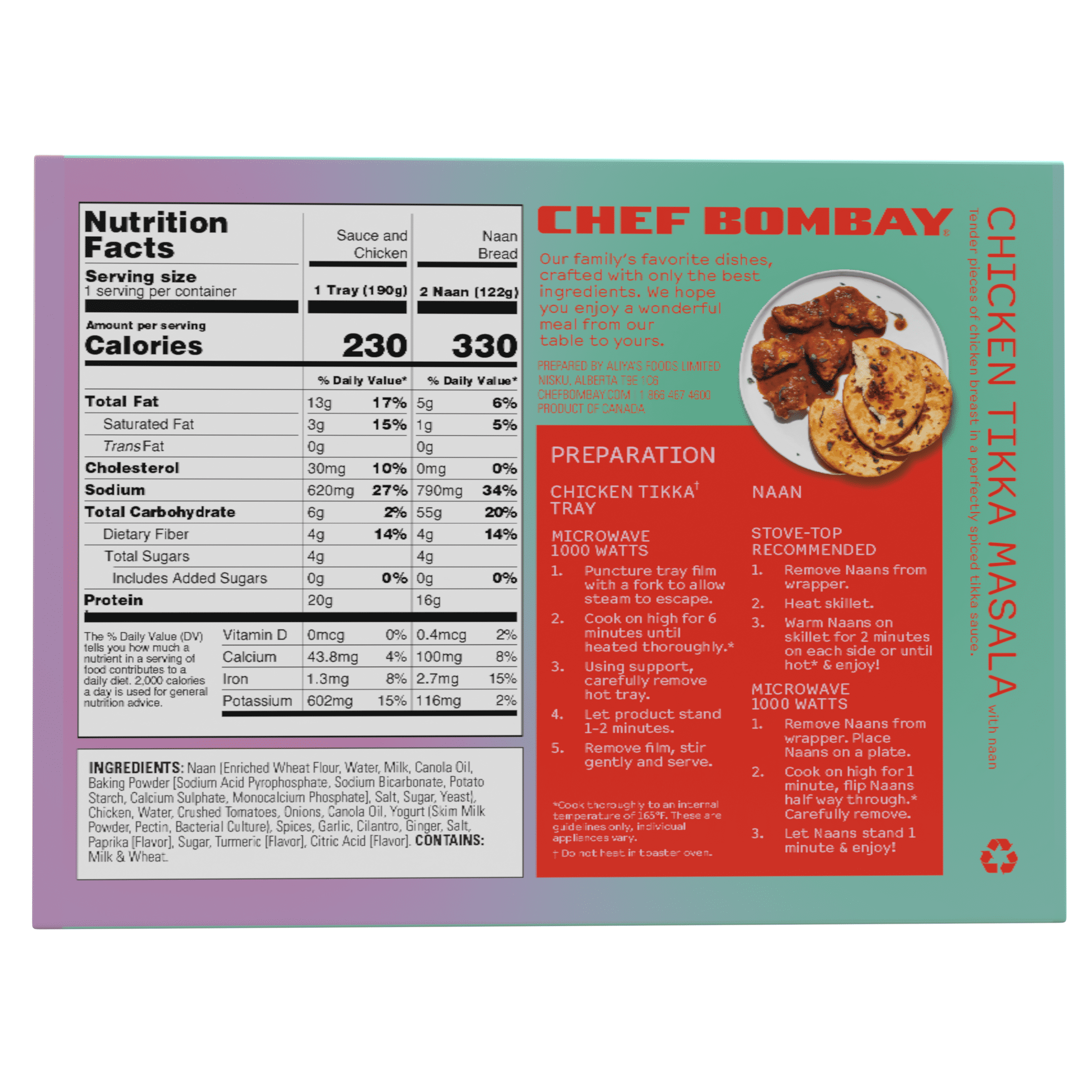 Chicken Tikka Masala with Naan. 10 oz Frozen Packaged Meal. Ready to Eat.