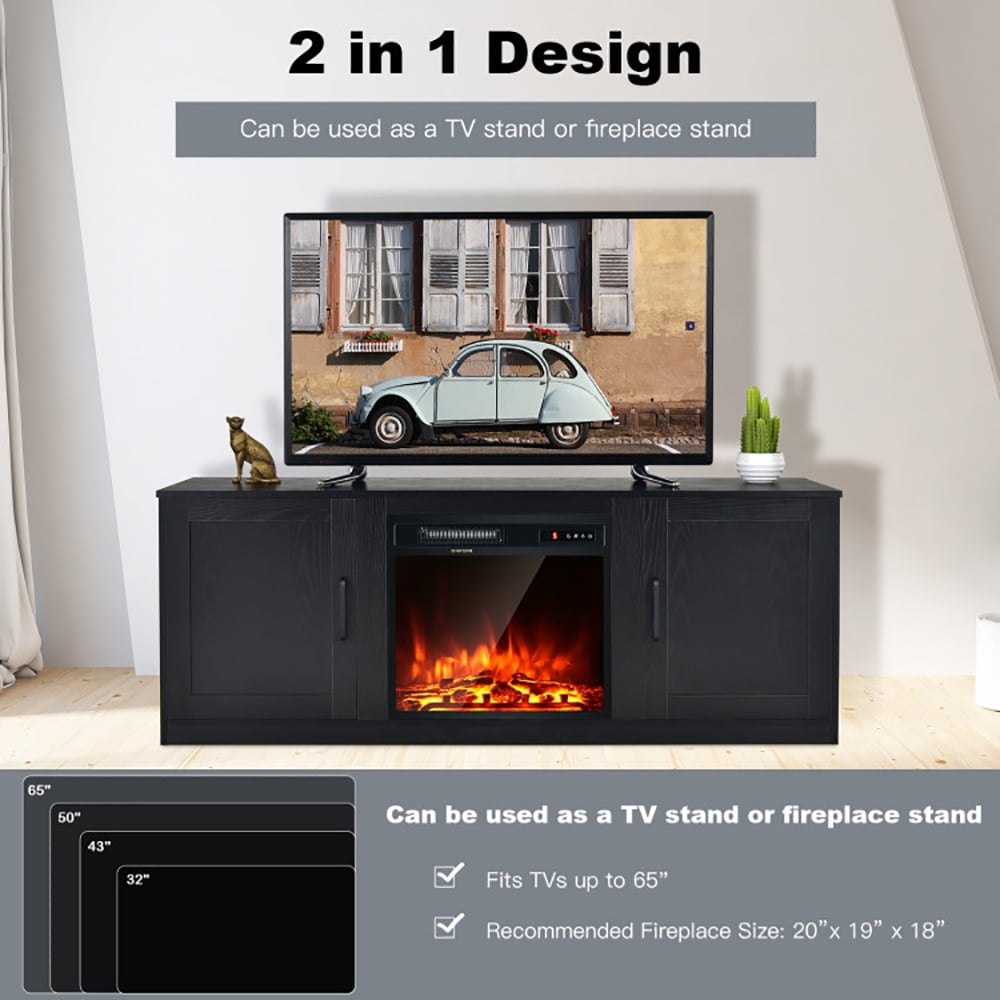 Finihen TV Stand, TV Cabinet, 58 Inch TV Stand with 1500W Faux Fireplace for TVs up to 65 Inch, Media Entertainment Center with Storage, for Living Room, Bedroom, Black