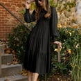 thumbnail image 3 of Vestido Fruncido Busto Puño Liso Mangas De Linterna Elegante Cómodo Vestido De Mujer De Longitud Media Negro L, 3 of 6