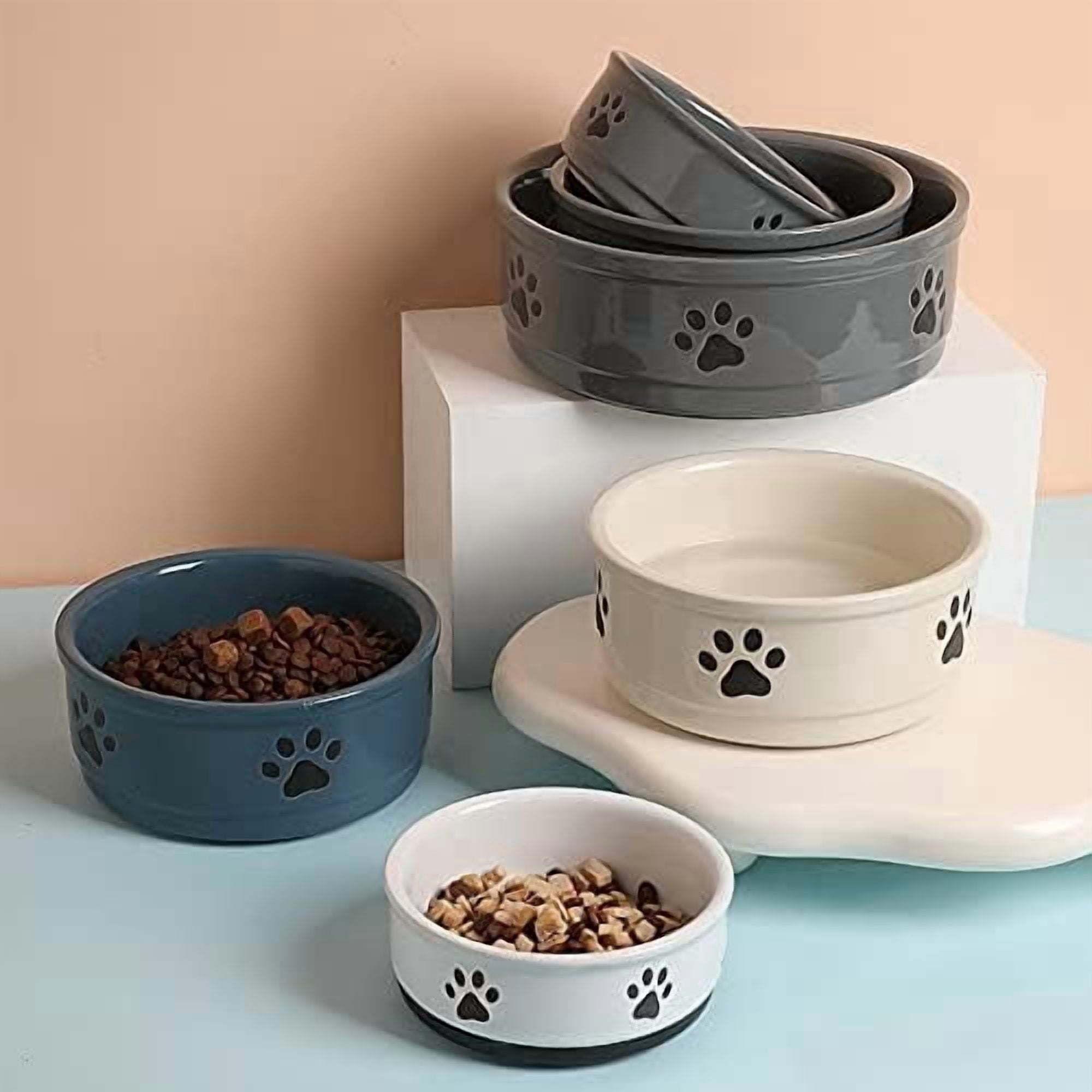 Ceramic Dog Bowls with Paw Pattern, Dog Food Dish for Large Dogs, Porcelain Pet Bowl for Water 70 Fl Oz (Beige)