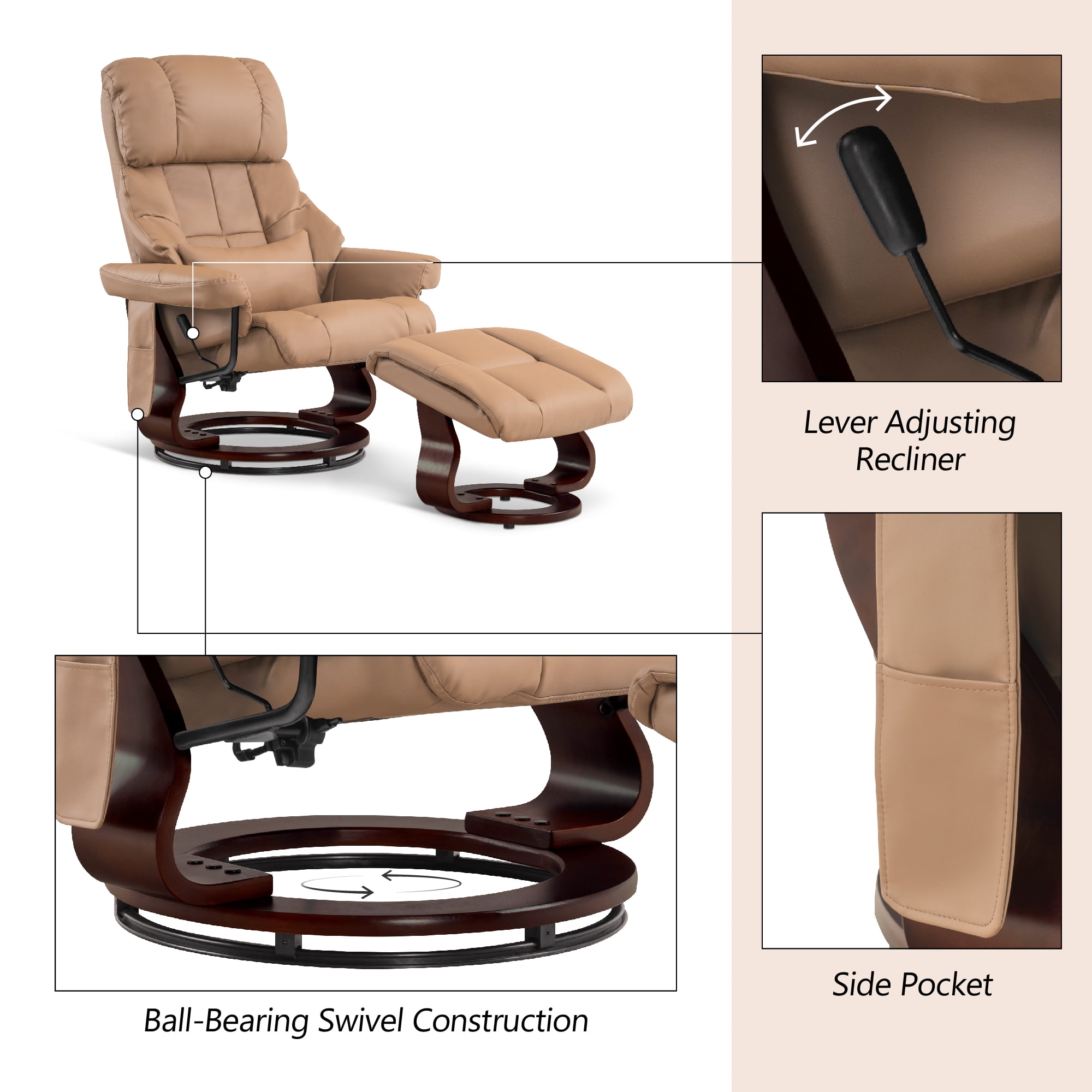 MCombo 360° Swivel Recliner with Ottoman, Lumbar Pillow, Vibration Massage Reclining Chair, Faux Leather(Cognac)
