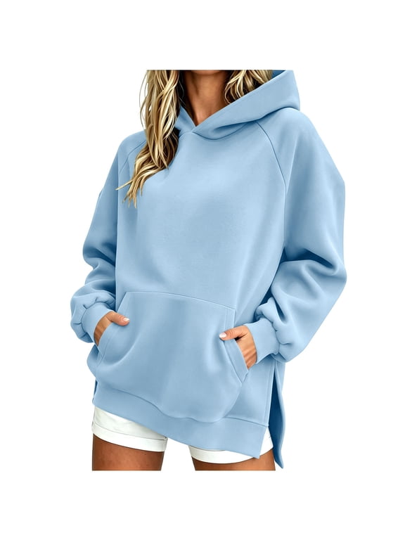 Womens Long Sleeve Hooded for Womens Oversized High Low Side Slit Pullover Sweatshirt with Pocket,S
