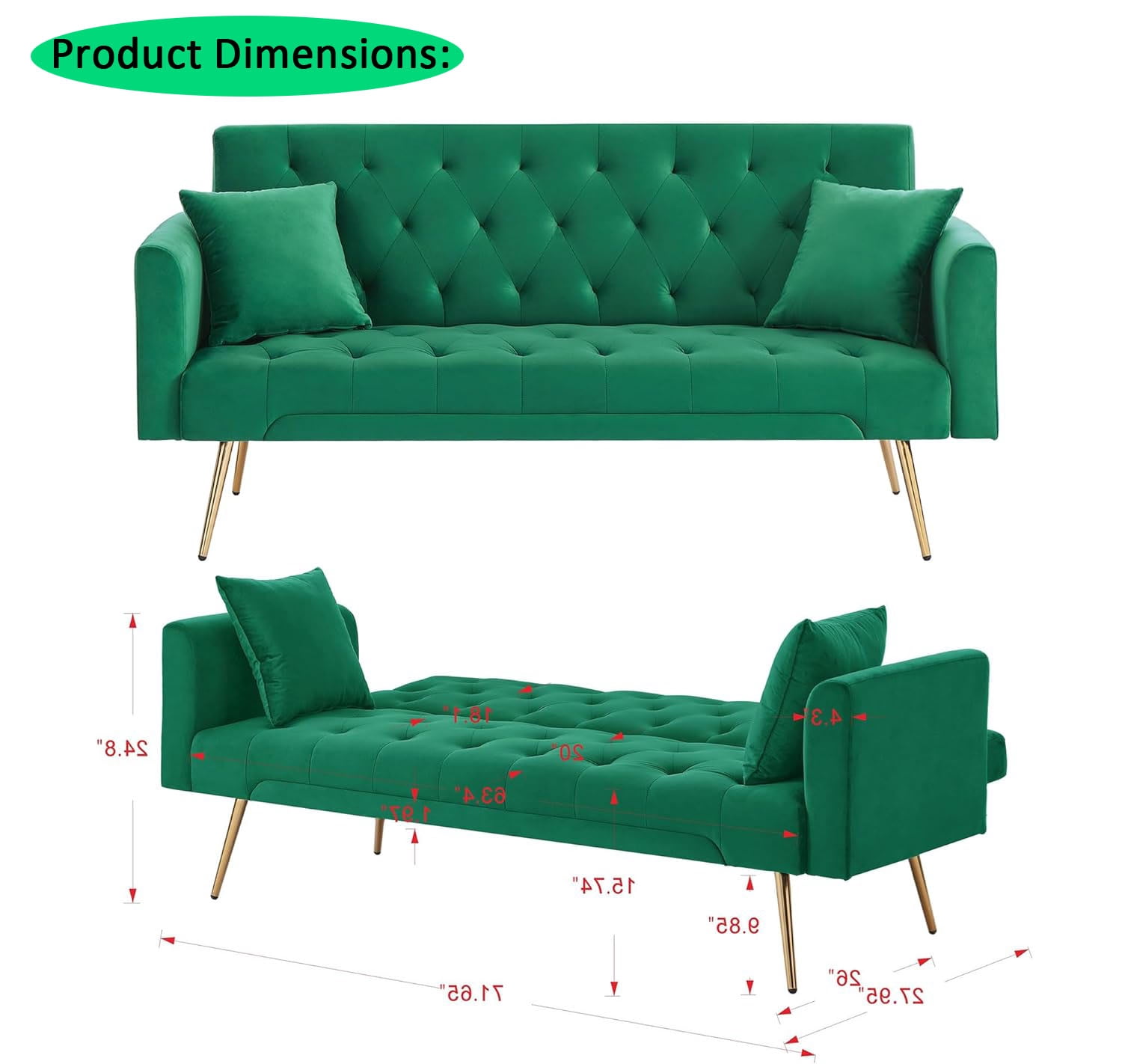 71 Inches Velvet Futon Sofa Bed with 2 Pillows,Modern Convertible Futon Couch with Adjustable Backrest,Green