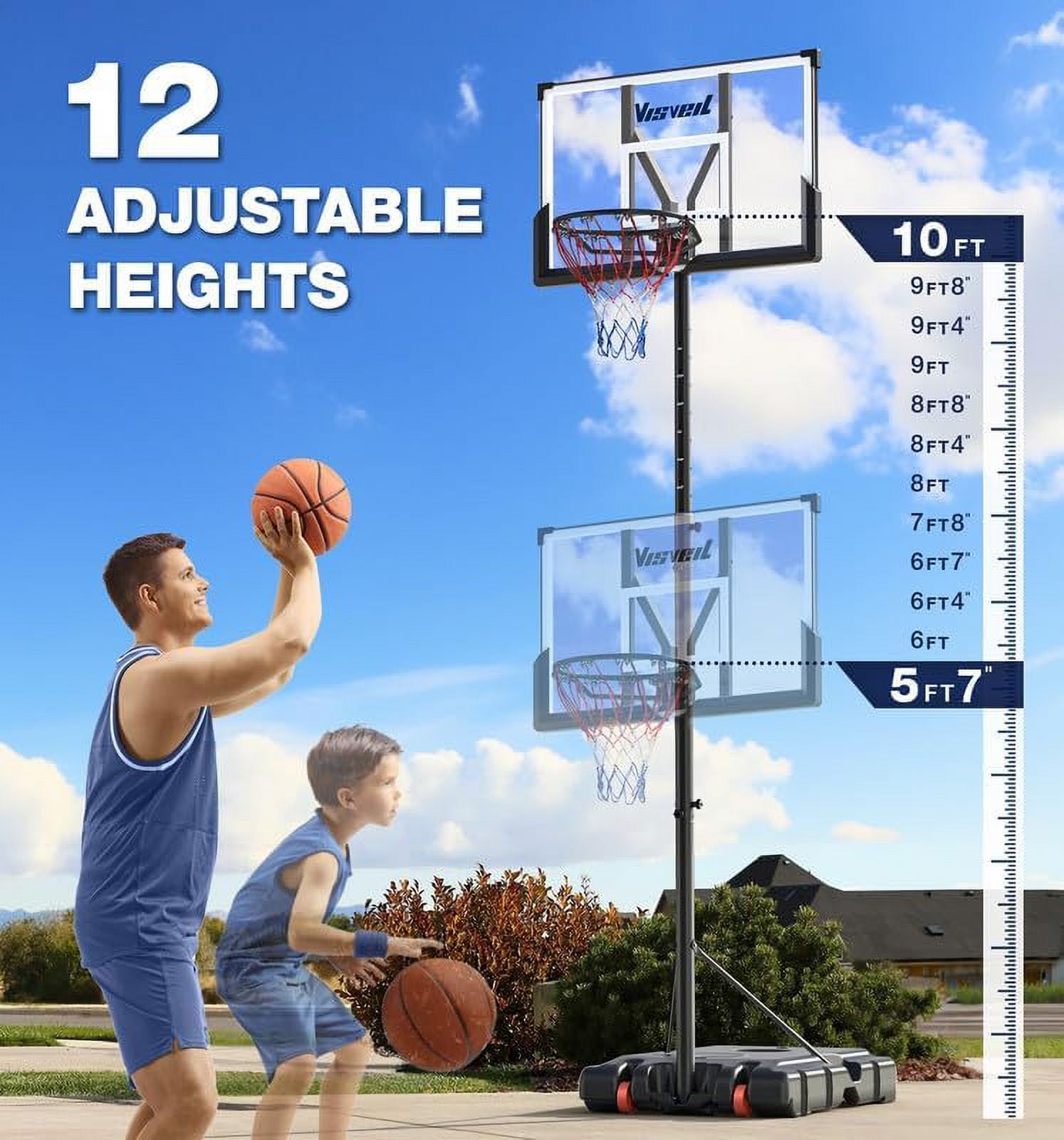 VISVEIL Basketball Hoop,Portable Basketball Hoop System for Outdoor, Adjustable Height 5.7-10ft 45in Backboard Basketball Goal for Kids Teen and Adult