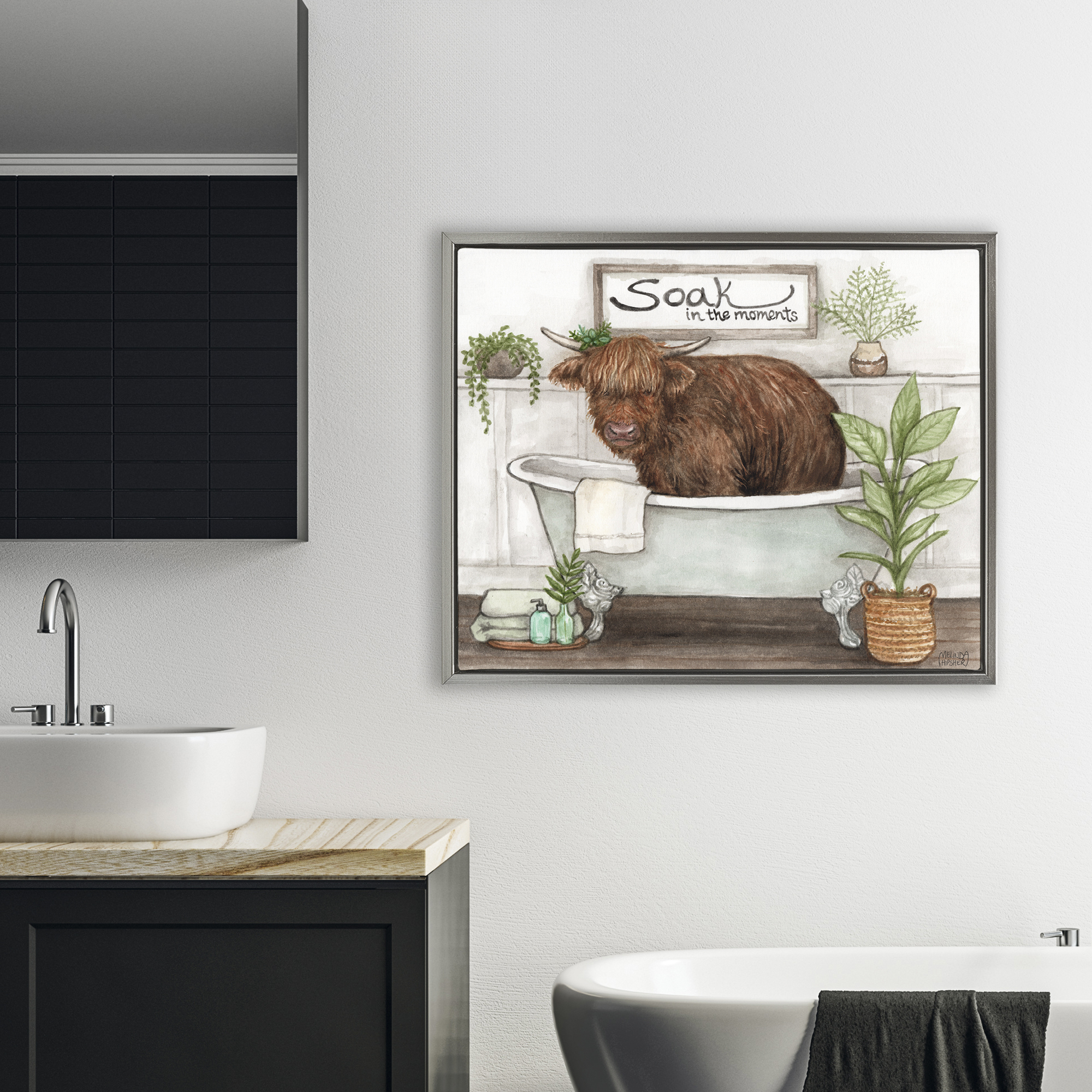 Soak In Moments Cattle Gray Framed Floater Canvas Wall Art, design by Melinda Hipsher