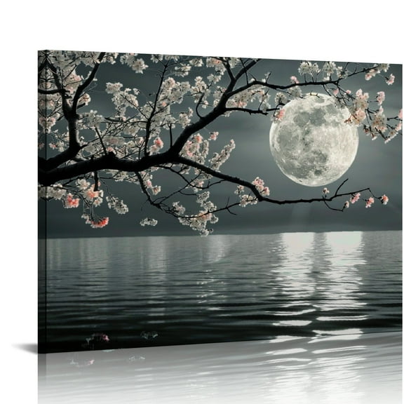 Creowell Wall Art Living Room Wall Decor Black and White Wall Art Pink Cherry Blossom Decor Black Art Japanese Decor for Bedroom Canvas Art Japanese Art Wall Decor Framed 20x16in