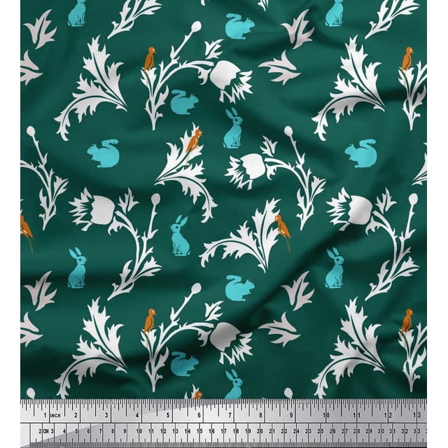 Soimoi Poly Georgette Fabric Leaves,Floral & Rabbit Animal Printed Fabric 1 Yard 52 Inch Wide