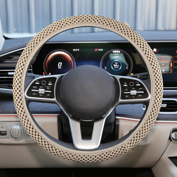 LADYGYM Elastic Stretch Steering Wheel Cover,Anti-Slip,15Inch,Beige,Microfiber Odorless Breathable Ice Silk Car Steering Wheel Protector,Easy Carry,Warmin Winter&Coolin Summer