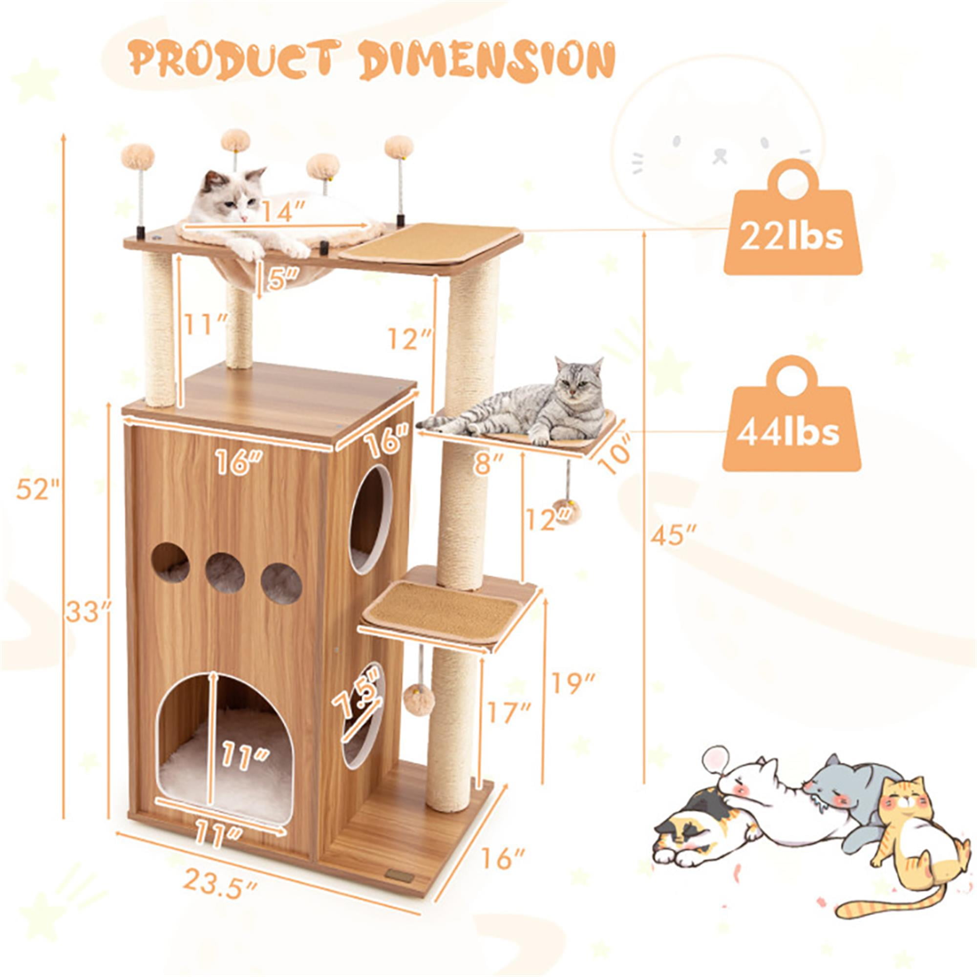 Kadyn 52" Wood Cat Tree Tower for Indoor Cats with Scratching Posts Washable Detachable Cushion, Teasing Balls, Modern Cat Condo Furniture for Large Cat, Beige