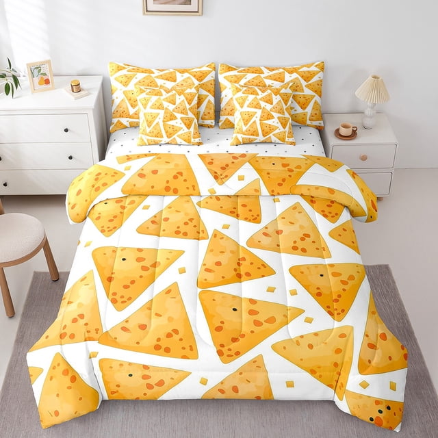 Cheese Corn Flakes 7 Pieces Queen Comforter Set,Yummy Cheese Bed in a Bag Comforter & Sheet Set All Season,Delicious Snacks Bedding Sets with Comforter, Sheets, Pillowcases & Shams